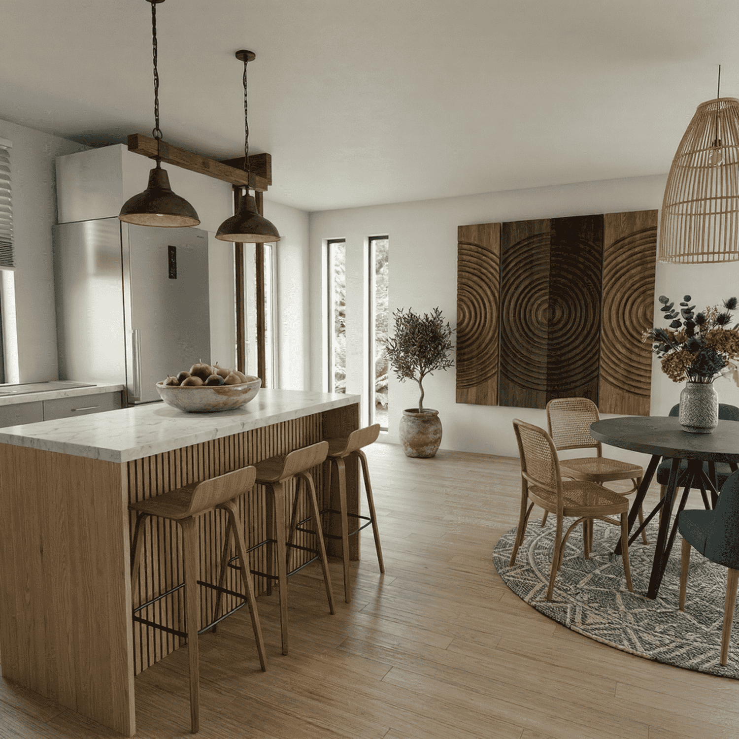 Cocina diáfana de diseño con isla central de palillería en vivienda de madera eficiente en Madrid