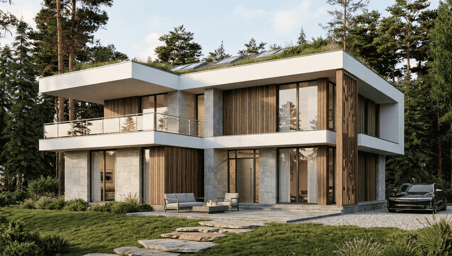 Fachada de casa de madera de lujo para vivienda habitual con diseño bioclimático y grandes ventanales en la urbanización